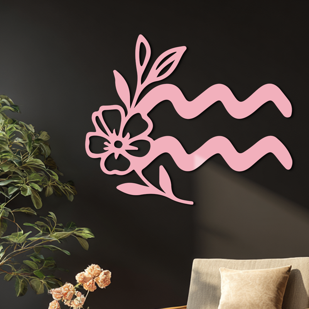 Aquarius Zodiac Flower Symbol Metal Wall Art – Modern Astrology Decor - KAFGP077