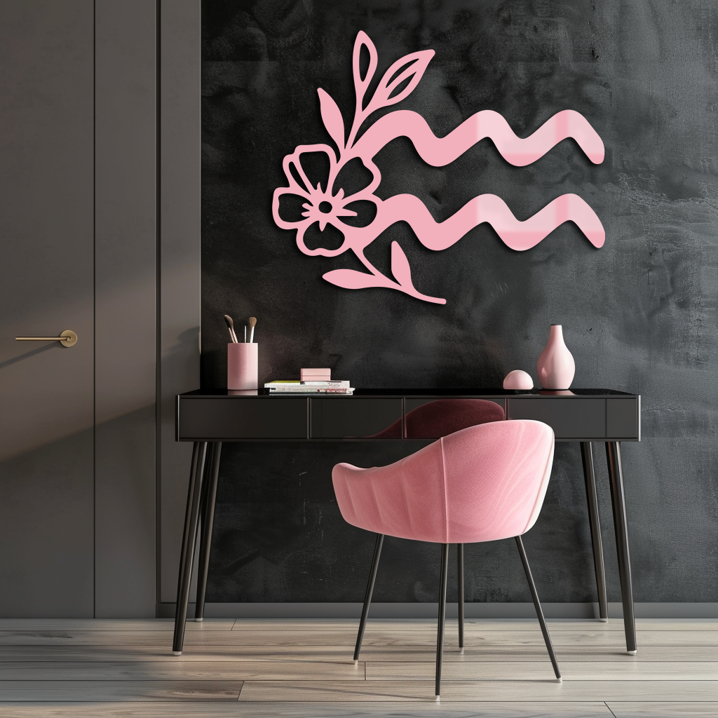 Aquarius Zodiac Flower Symbol Metal Wall Art – Modern Astrology Decor - KAFGP077
