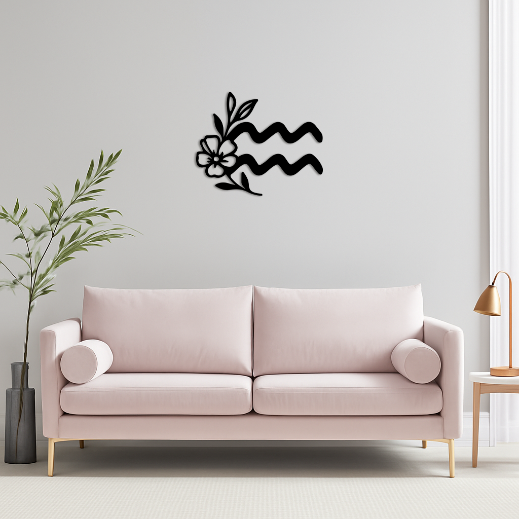 Aquarius Zodiac Flower Symbol Metal Wall Art – Modern Astrology Decor - KAFGP077