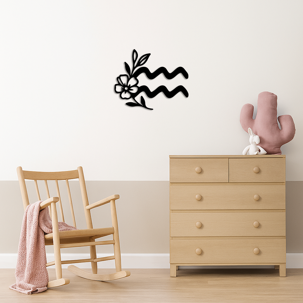 Aquarius Zodiac Flower Symbol Metal Wall Art – Modern Astrology Decor - KAFGP077