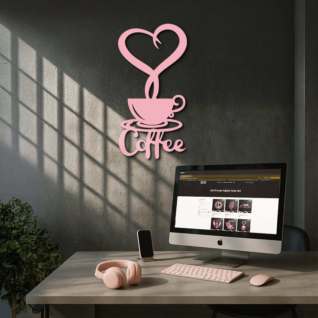 Coffee Cup Heart Metal Wall Art – Modern Coffee Lover Kitchen Decor -KAFGP131