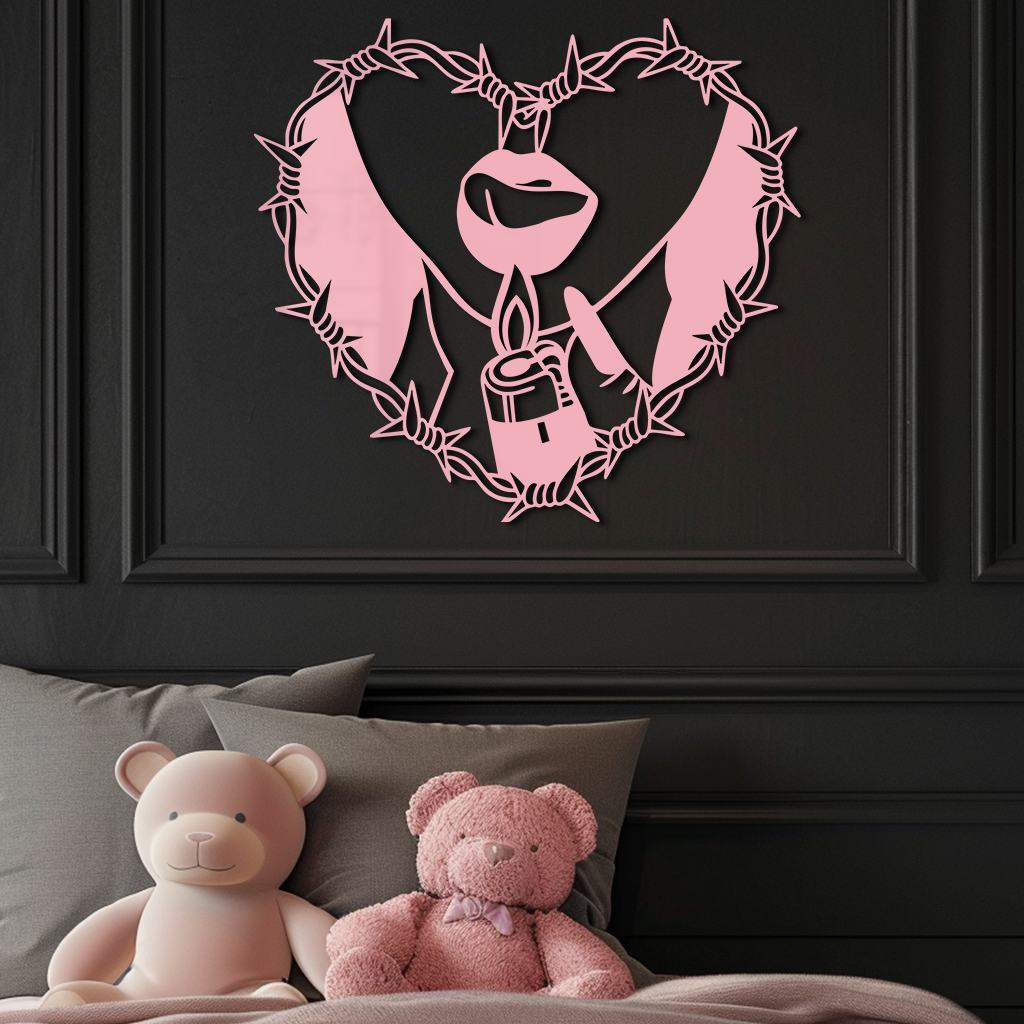 Heart Flame Metal Wall Art – Lips and Lighter Design with Barbed Wire Heart - KAFGP133