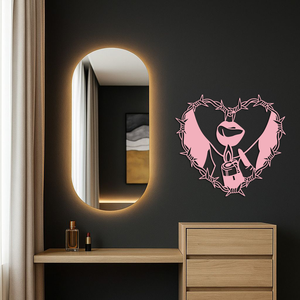 Heart Flame Metal Wall Art – Lips and Lighter Design with Barbed Wire Heart - KAFGP133