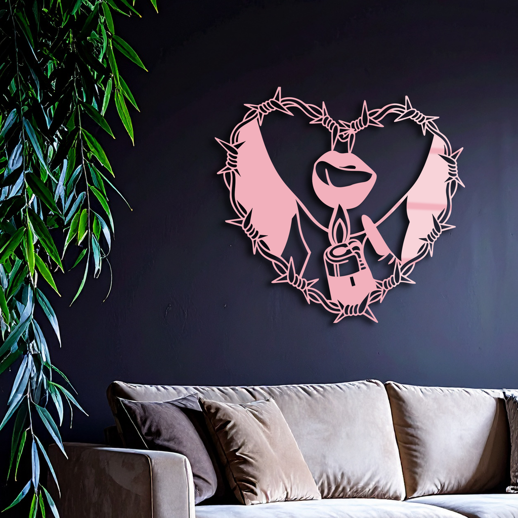Heart Flame Metal Wall Art – Lips and Lighter Design with Barbed Wire Heart - KAFGP133