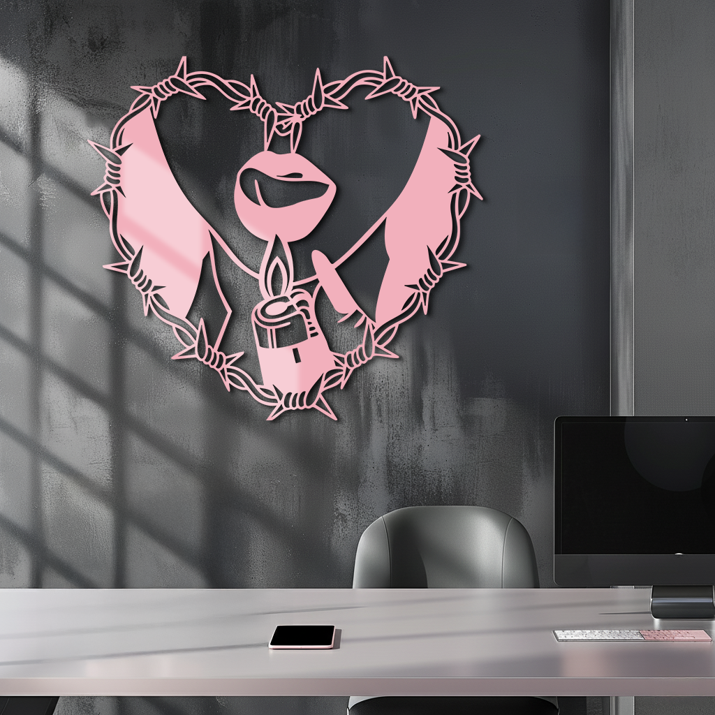 Heart Flame Metal Wall Art – Lips and Lighter Design with Barbed Wire Heart - KAFGP133