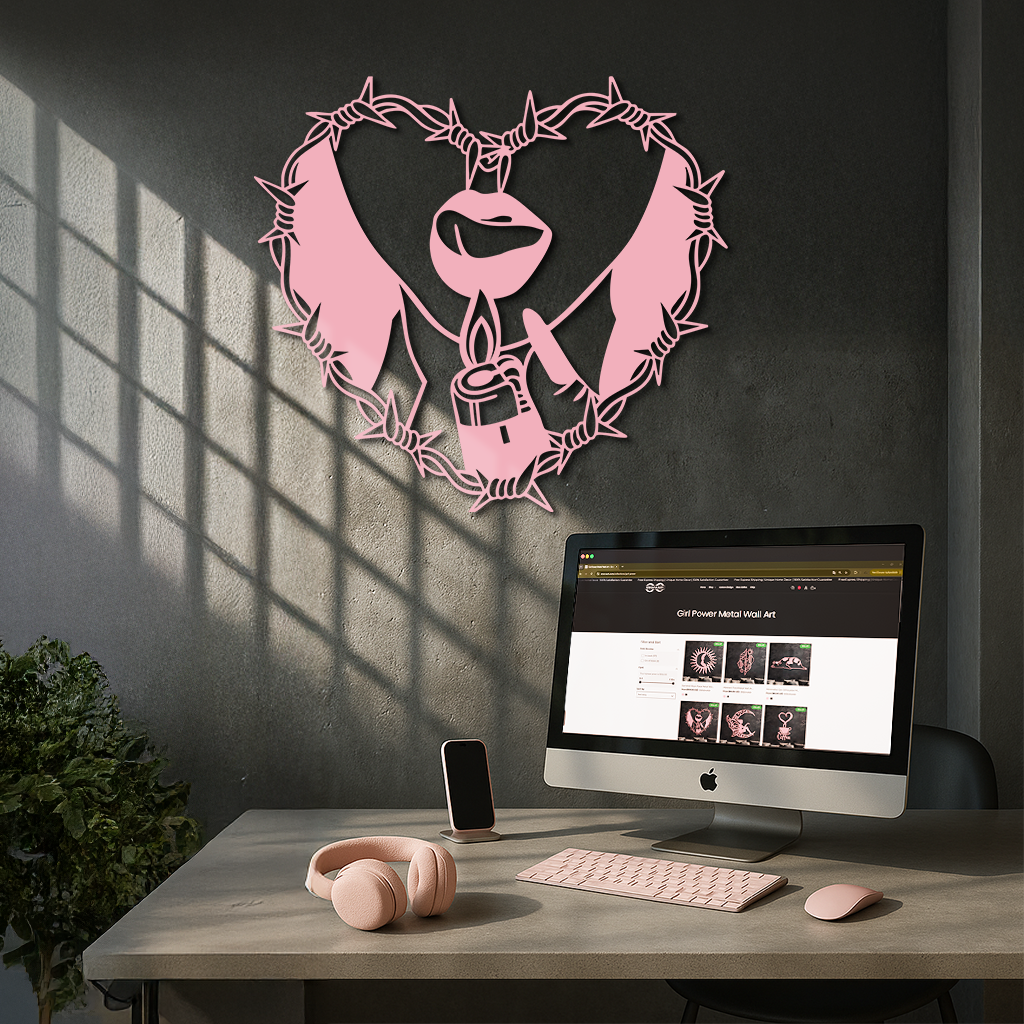 Heart Flame Metal Wall Art – Lips and Lighter Design with Barbed Wire Heart - KAFGP133