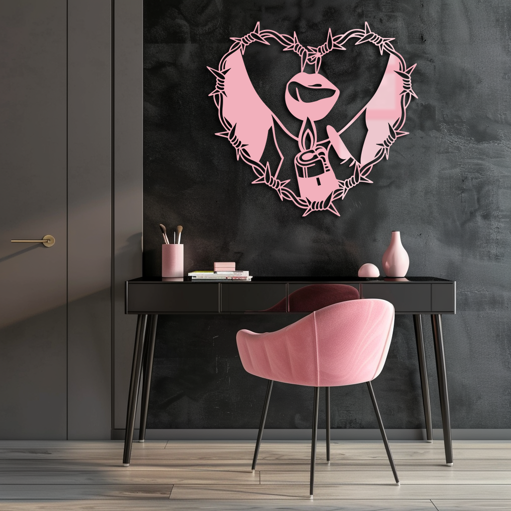 Heart Flame Metal Wall Art – Lips and Lighter Design with Barbed Wire Heart - KAFGP133