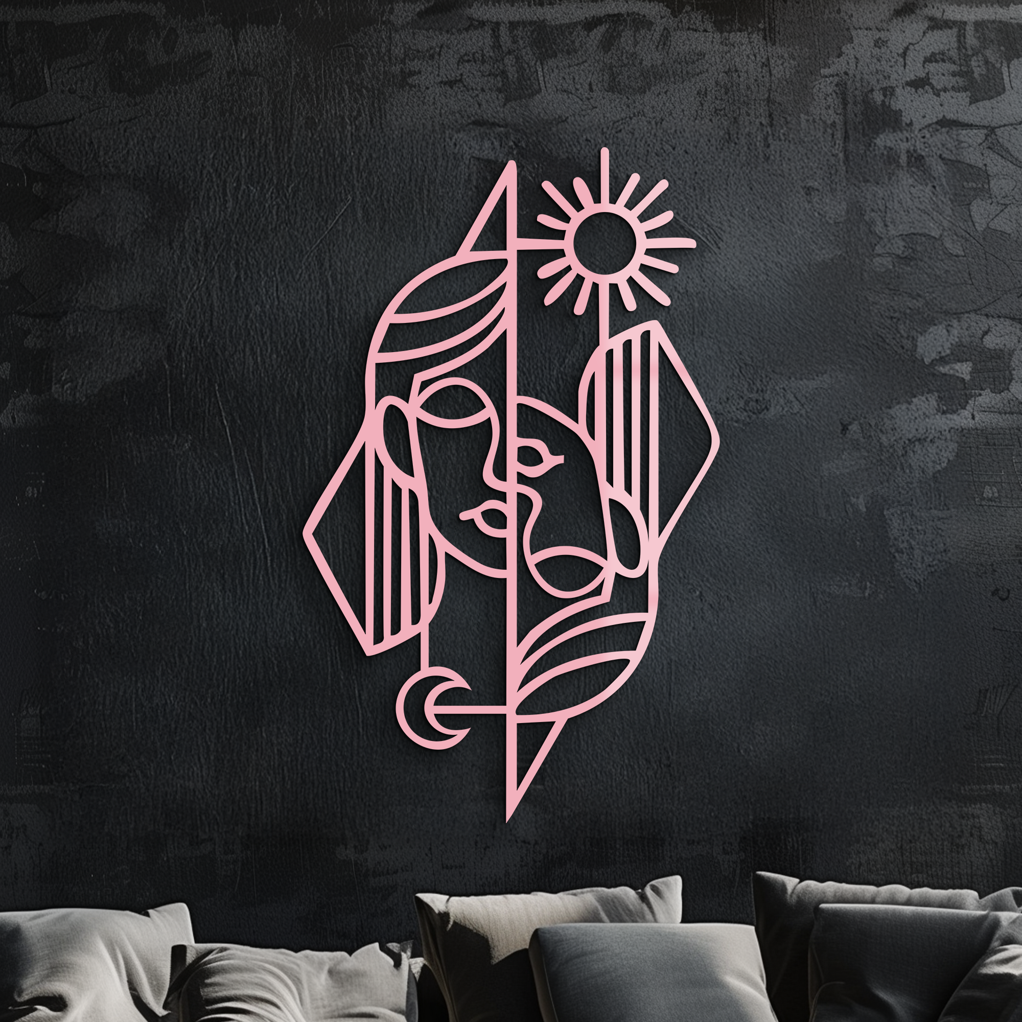 Abstract Face Metal Wall Art – Sun and Moon Geometric Line Design - KAFGP135