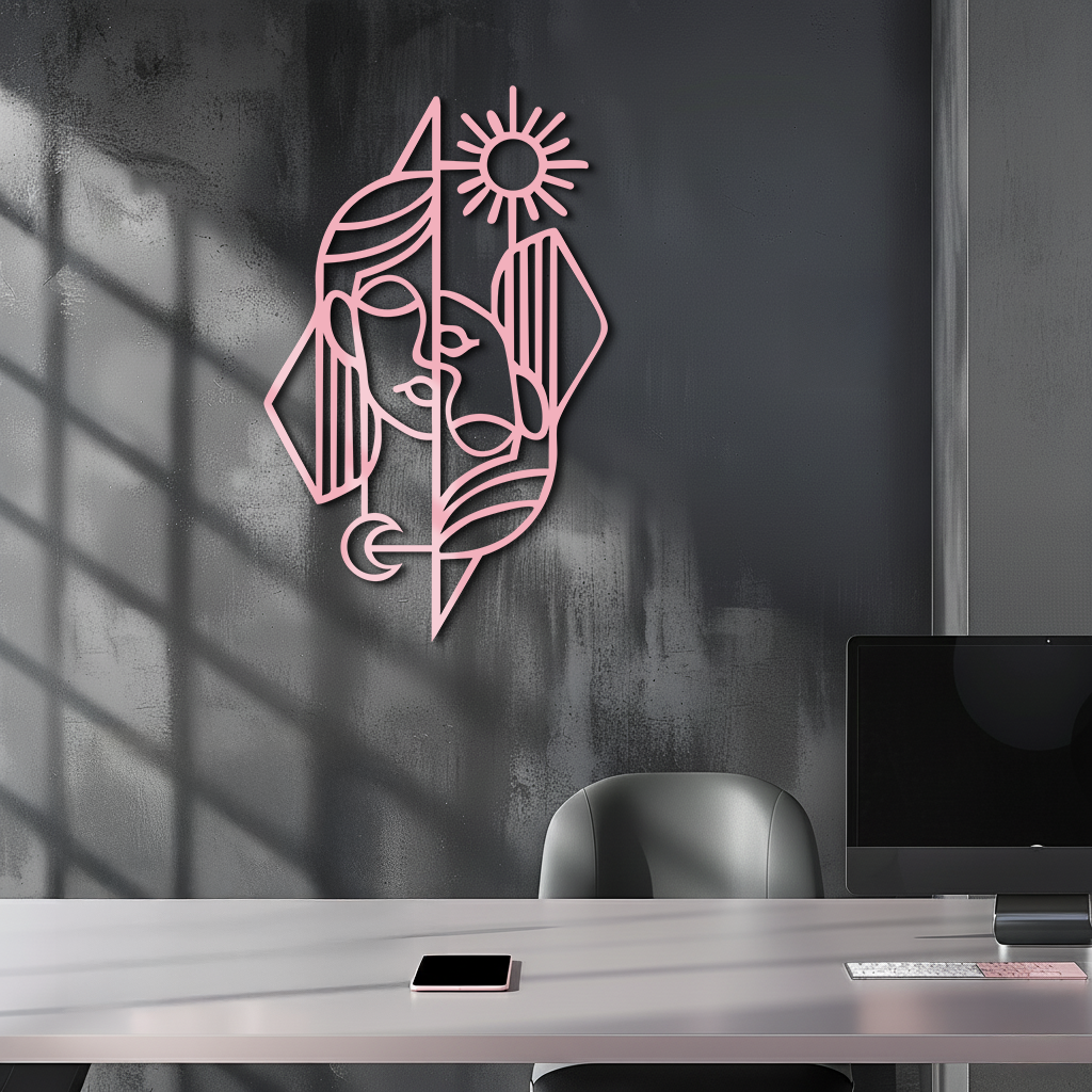 Abstract Face Metal Wall Art – Sun and Moon Geometric Line Design - KAFGP135