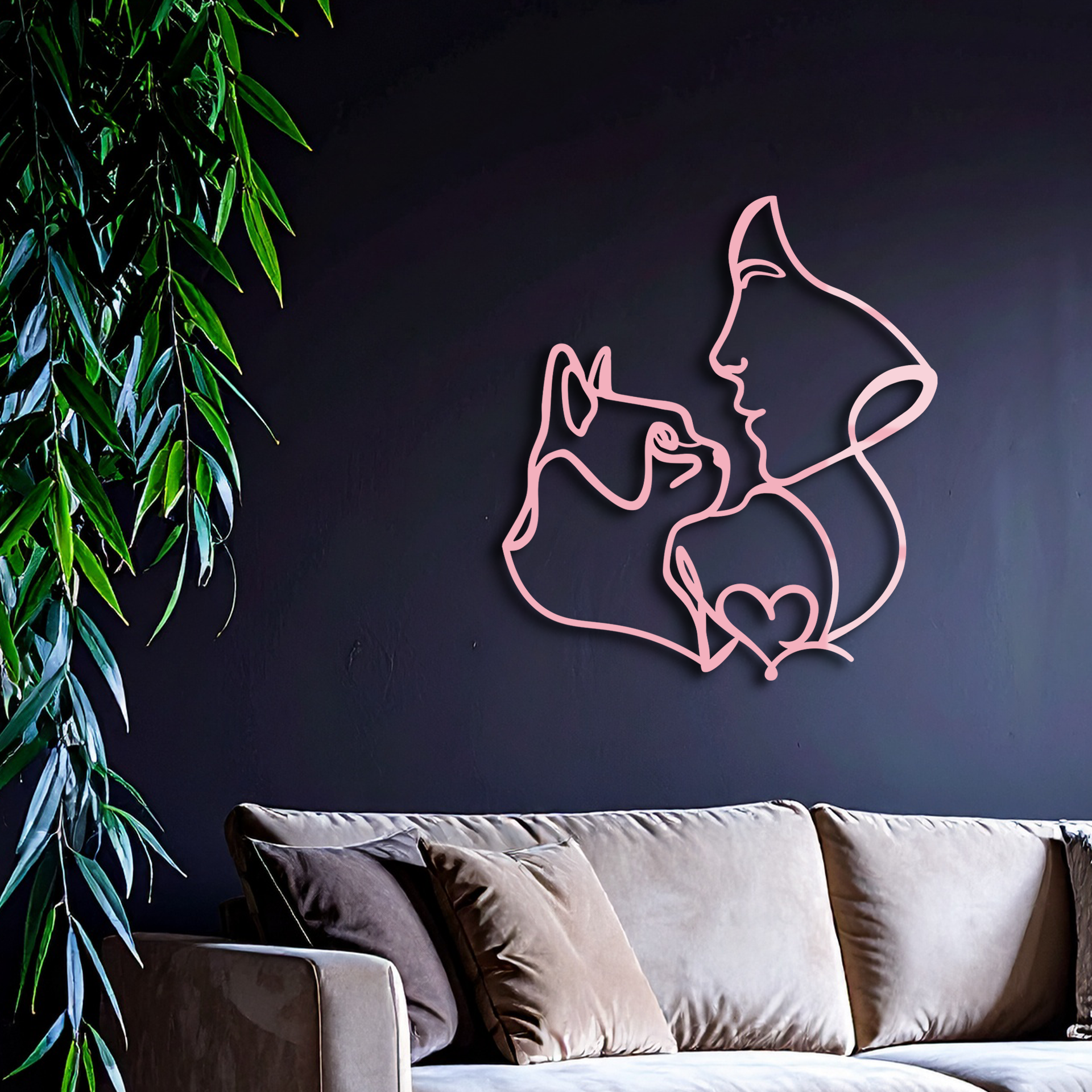 Cat and Woman Silhouette Metal Wall Art – Modern Pet Lover Line Art Decor - KAFGP146