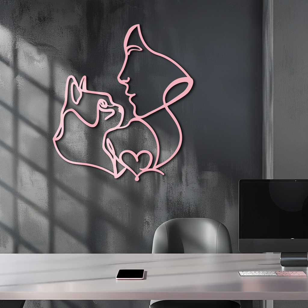 Cat and Woman Silhouette Metal Wall Art – Modern Pet Lover Line Art Decor - KAFGP146