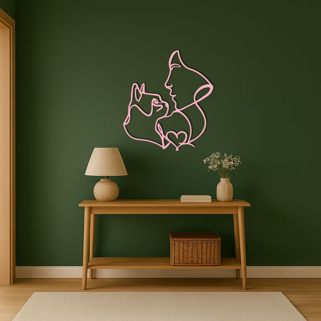 Cat and Woman Silhouette Metal Wall Art – Modern Pet Lover Line Art Decor - KAFGP146