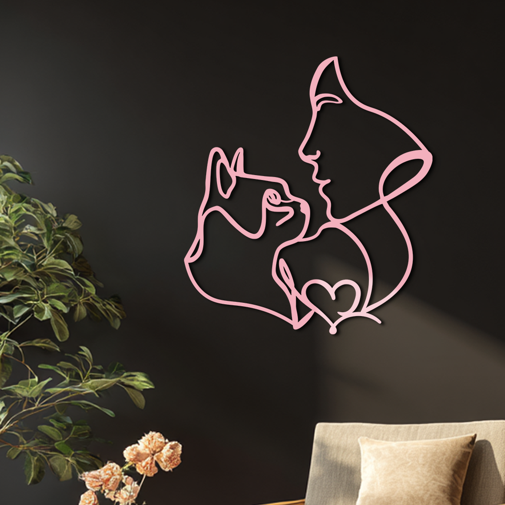 Cat and Woman Silhouette Metal Wall Art – Modern Pet Lover Line Art Decor - KAFGP146