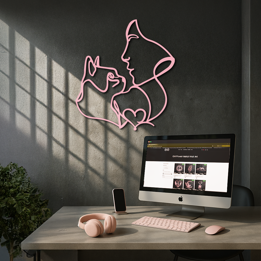 Cat and Woman Silhouette Metal Wall Art – Modern Pet Lover Line Art Decor - KAFGP146