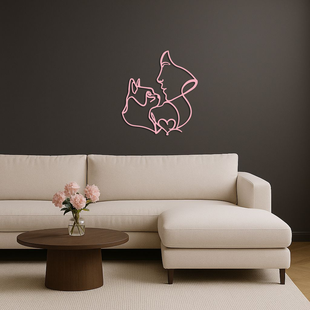 Cat and Woman Silhouette Metal Wall Art – Modern Pet Lover Line Art Decor - KAFGP146
