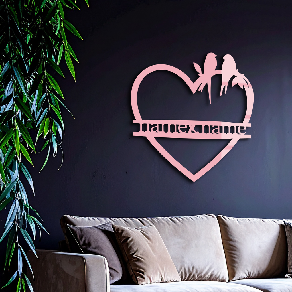 Personalized Heart Metal Wall Art with Birds – Custom Name Couple Gift - KAFGP148