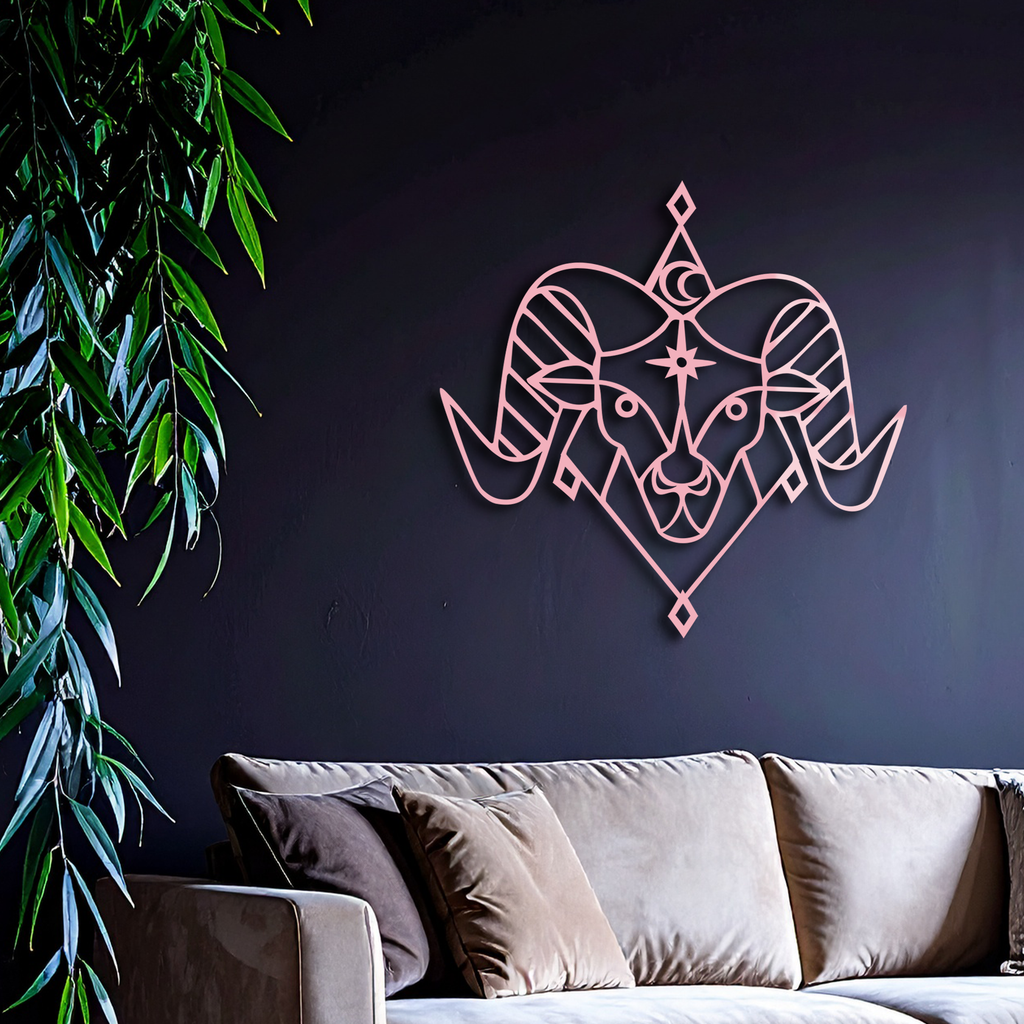 Aries Zodiac Sign Metal Wall Art – Geometric Ram Head Astrology Decor - KAFGP150