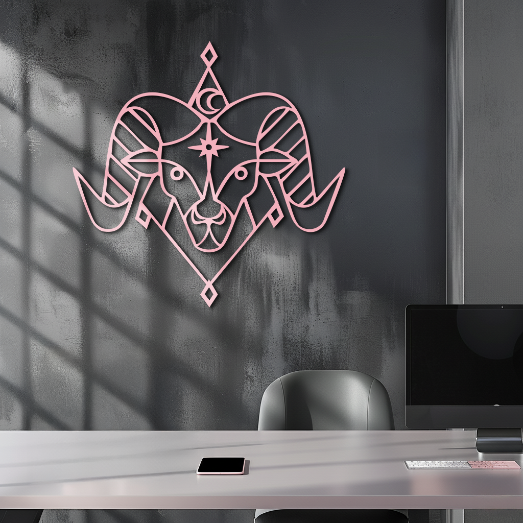 Aries Zodiac Sign Metal Wall Art – Geometric Ram Head Astrology Decor - KAFGP150
