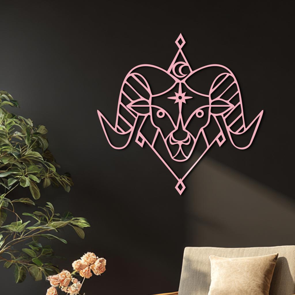Aries Zodiac Sign Metal Wall Art – Geometric Ram Head Astrology Decor - KAFGP150