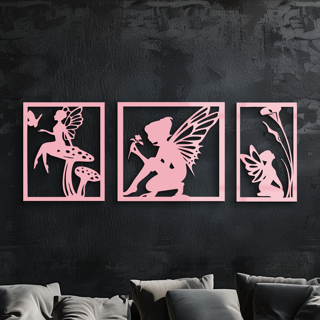 Pink Fairy Trio Metal Wall Art – Set of Three Fantasy Silhouette Panels - KAFGP156