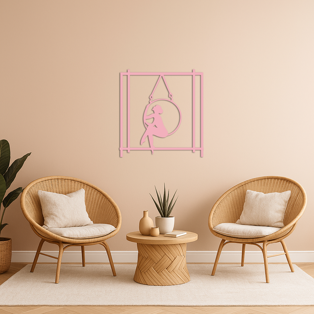 Woman on Hanging Ring Silhouette Modern Home Décor - Pink Metal Wall Art - KAFGP158