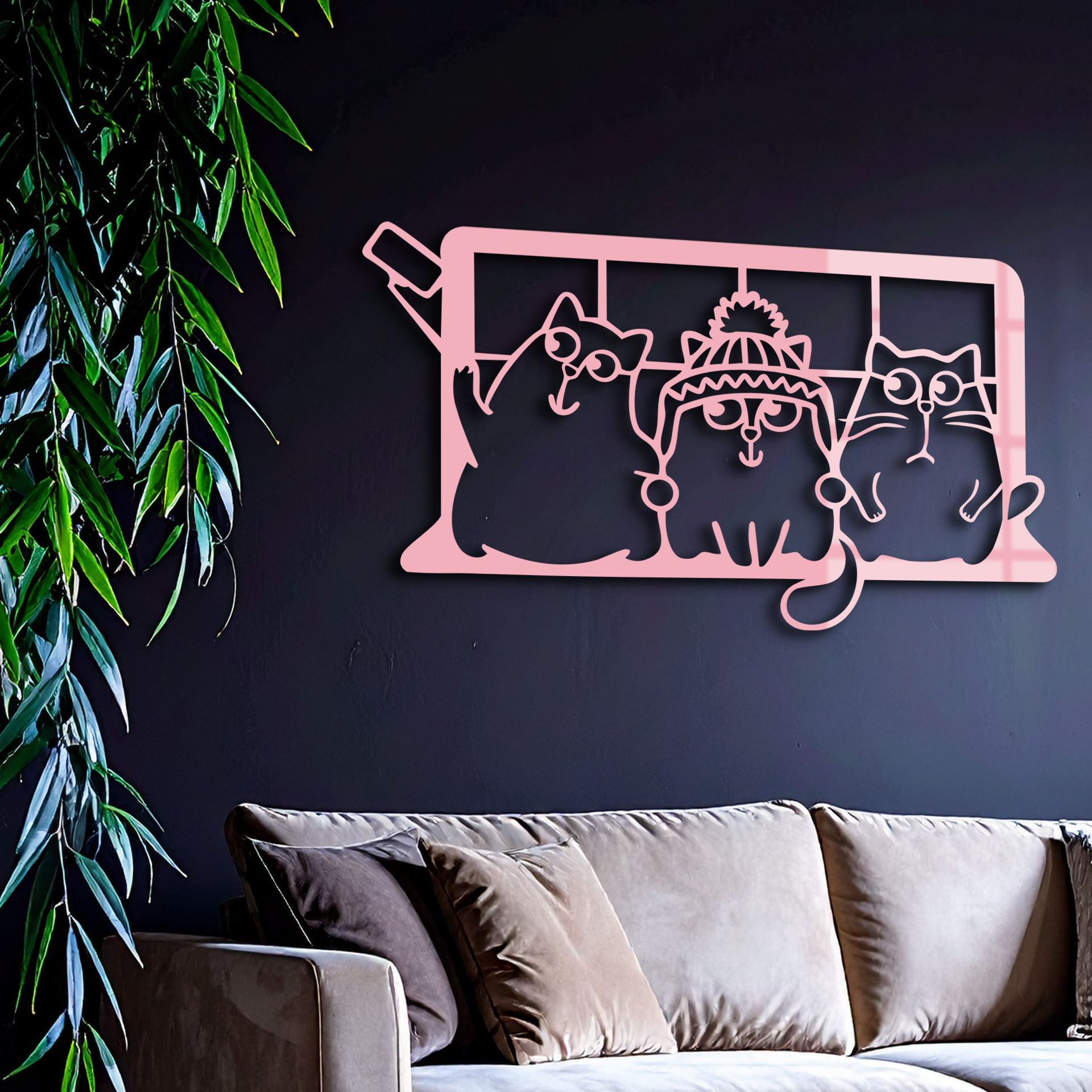 Funny Cats Taking Selfie Silhouette - Pink Metal Wall Art - KAFGP159