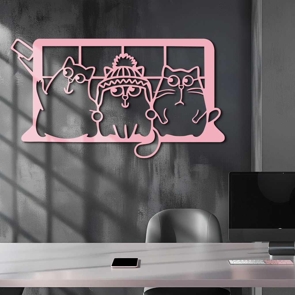 Funny Cats Taking Selfie Silhouette - Pink Metal Wall Art - KAFGP159