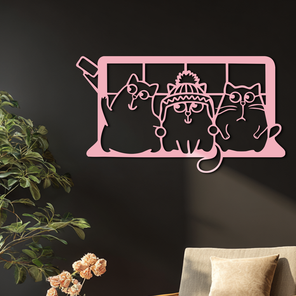 Funny Cats Taking Selfie Silhouette - Pink Metal Wall Art - KAFGP159