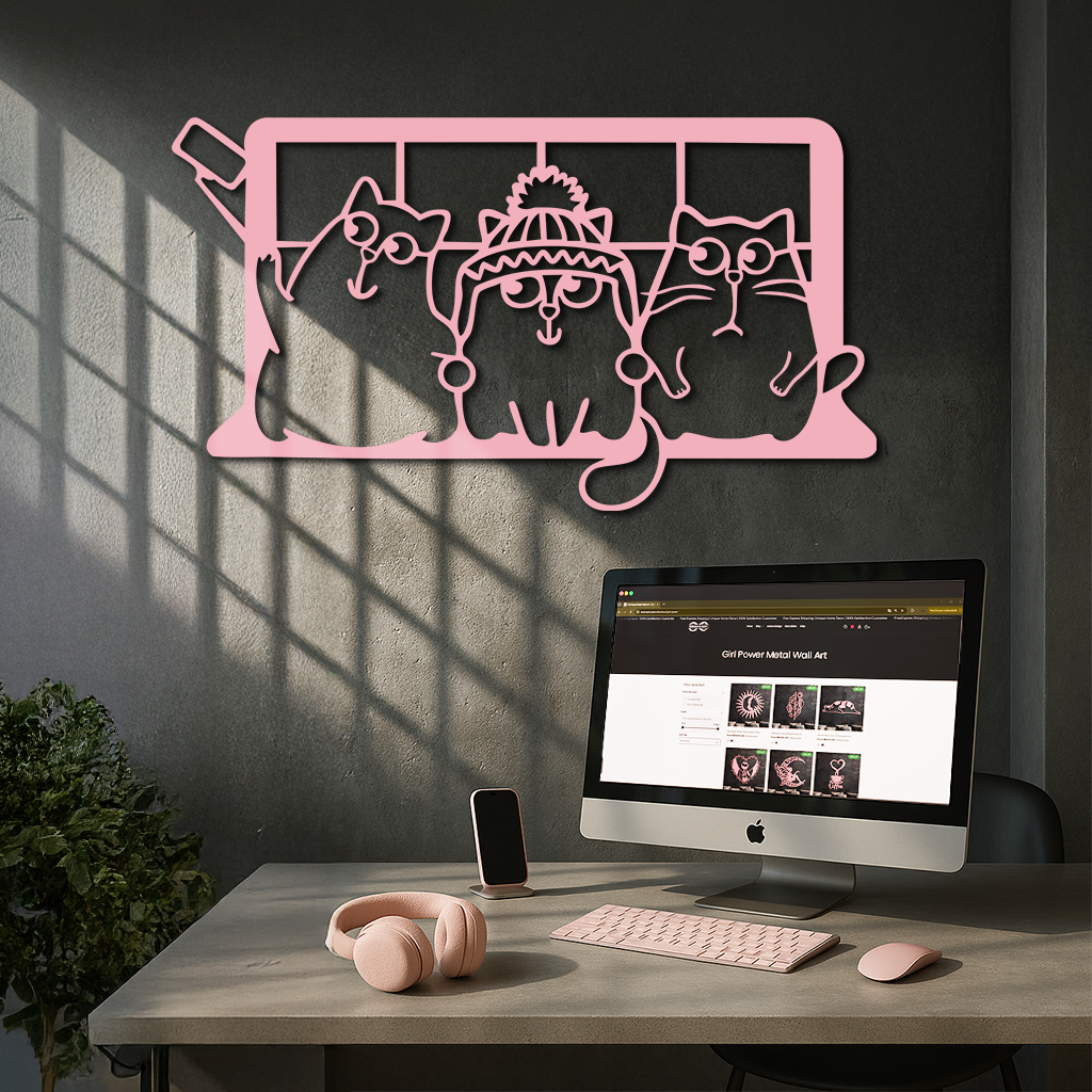 Funny Cats Taking Selfie Silhouette - Pink Metal Wall Art - KAFGP159