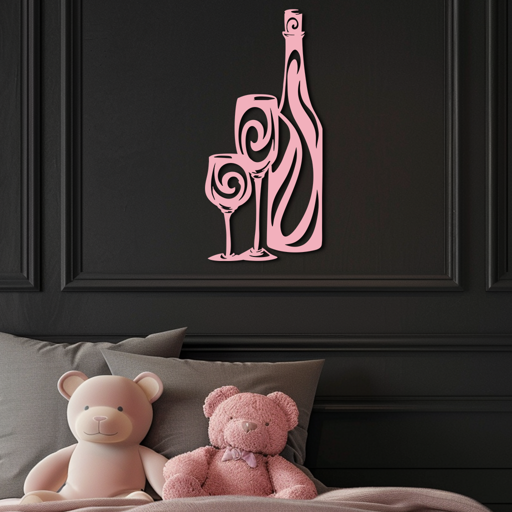 Wine Bottle and Glasses Silhouette Modern Kitchen Décor - Pink Metal Wall Art - KAFGP160