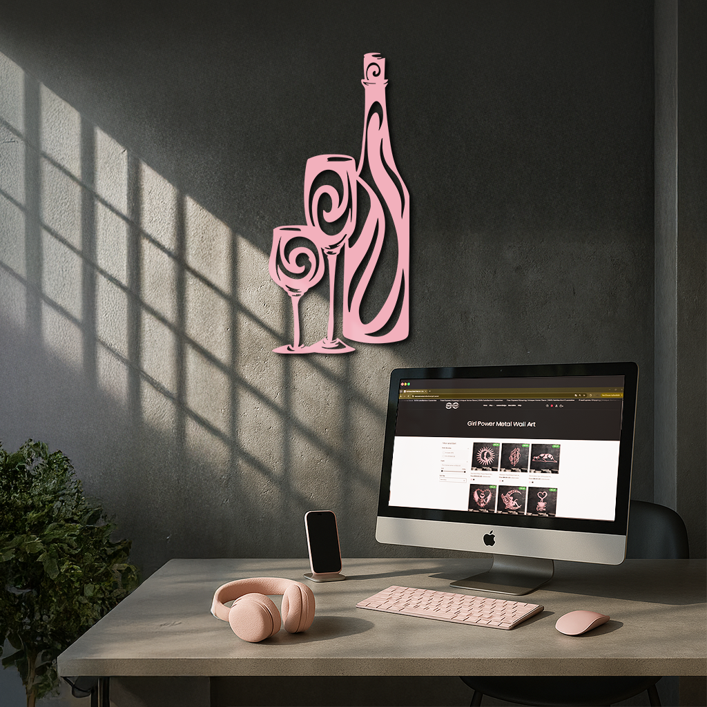 Wine Bottle and Glasses Silhouette Modern Kitchen Décor - Pink Metal Wall Art - KAFGP160