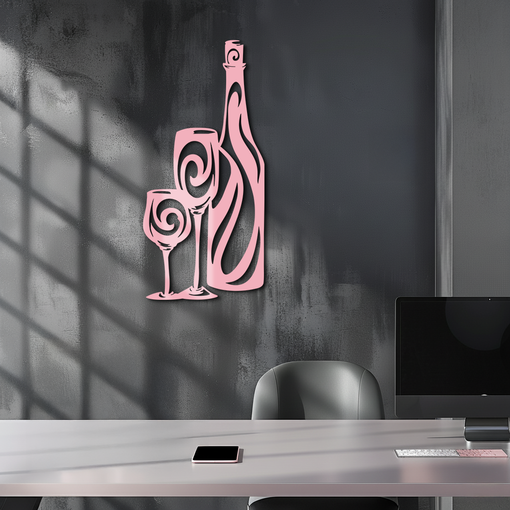 Wine Bottle and Glasses Silhouette Modern Kitchen Décor - Pink Metal Wall Art - KAFGP160