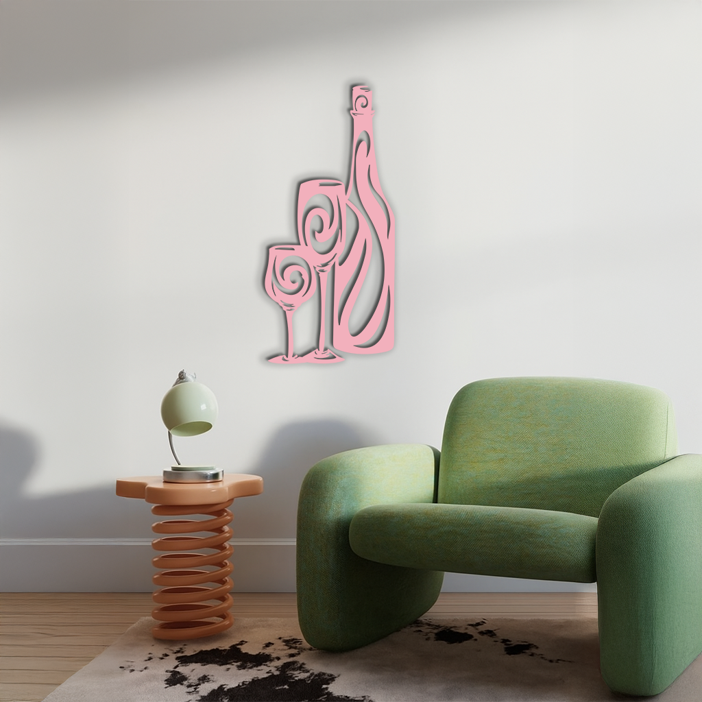 Wine Bottle and Glasses Silhouette Modern Kitchen Décor - Pink Metal Wall Art - KAFGP160