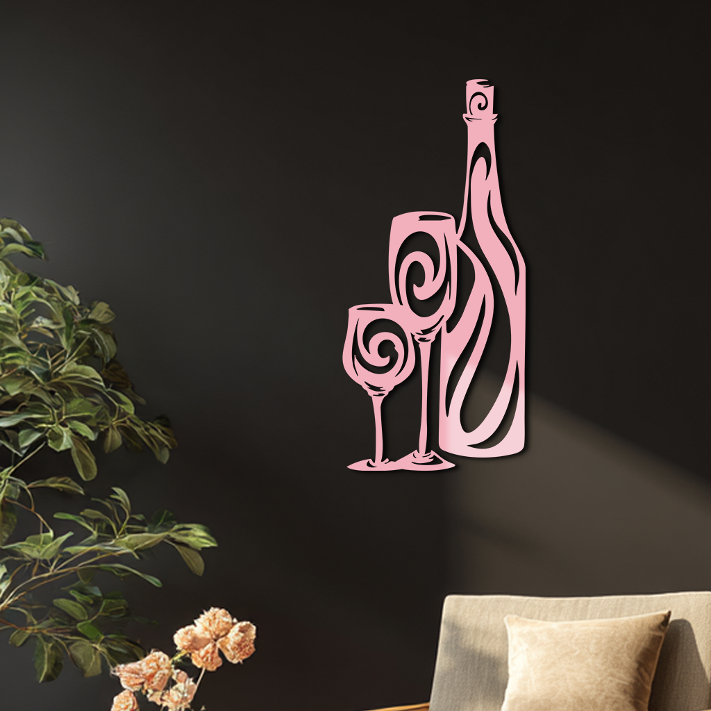 Wine Bottle and Glasses Silhouette Modern Kitchen Décor - Pink Metal Wall Art - KAFGP160
