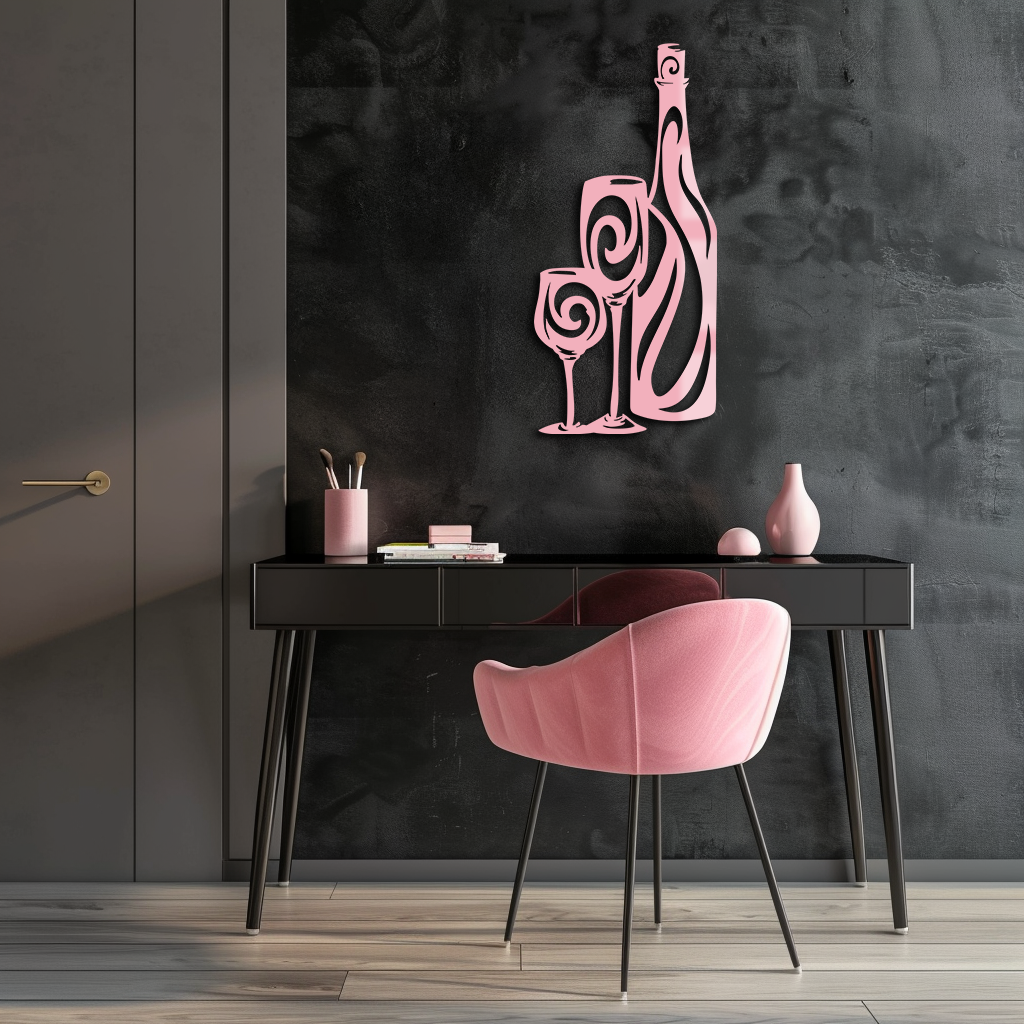 Wine Bottle and Glasses Silhouette Modern Kitchen Décor - Pink Metal Wall Art - KAFGP160