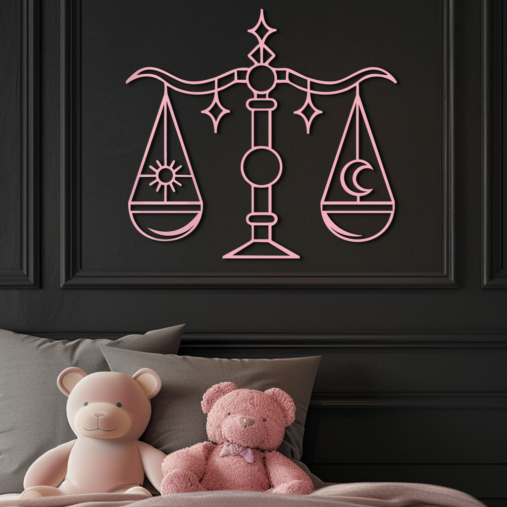 Libra Zodiac Sign Silhouette – Pink Metal Wall Art Balance Scale Design - KAFGP161