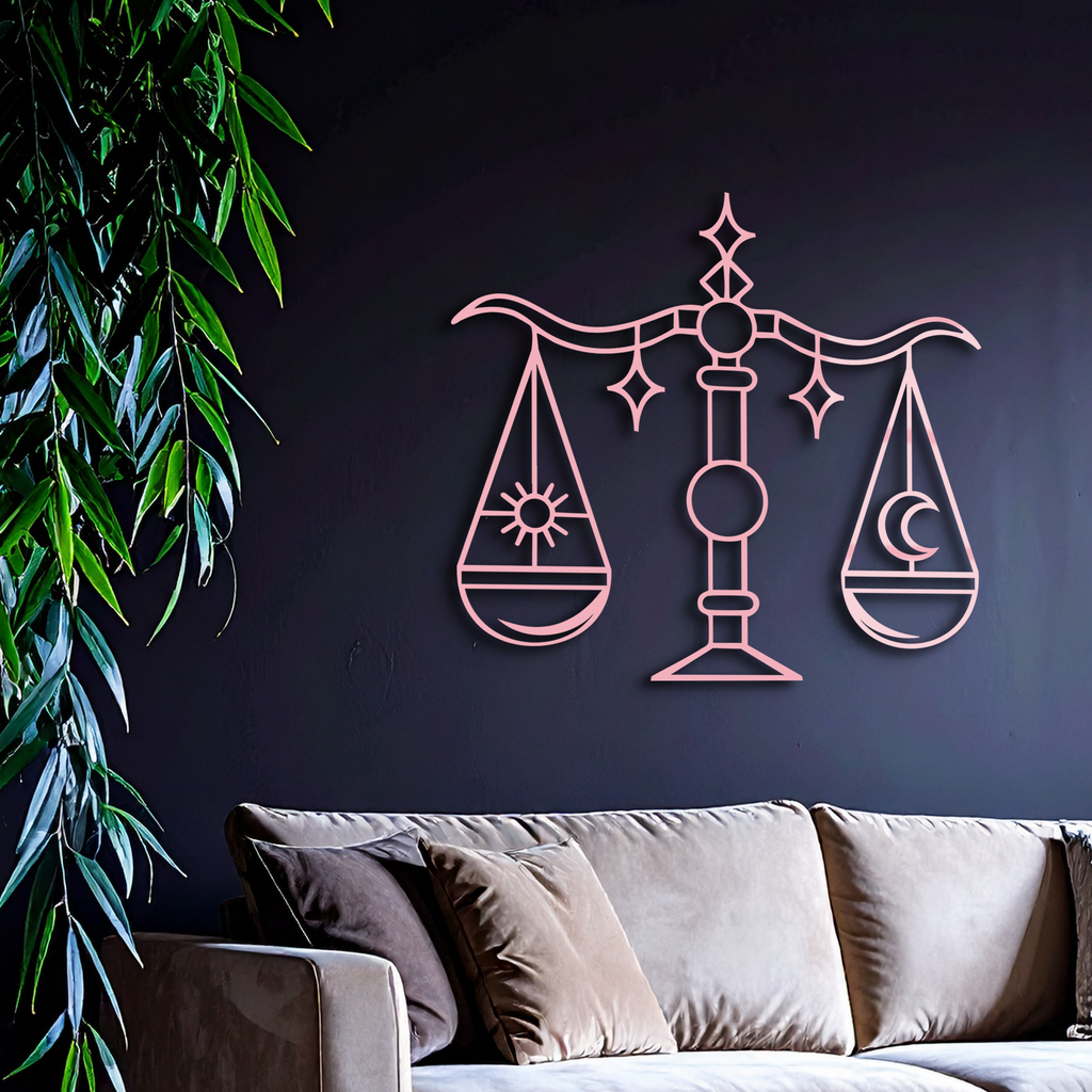 Libra Zodiac Sign Silhouette – Pink Metal Wall Art Balance Scale Design - KAFGP161