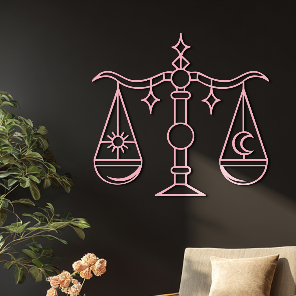 Libra Zodiac Sign Silhouette – Pink Metal Wall Art Balance Scale Design - KAFGP161