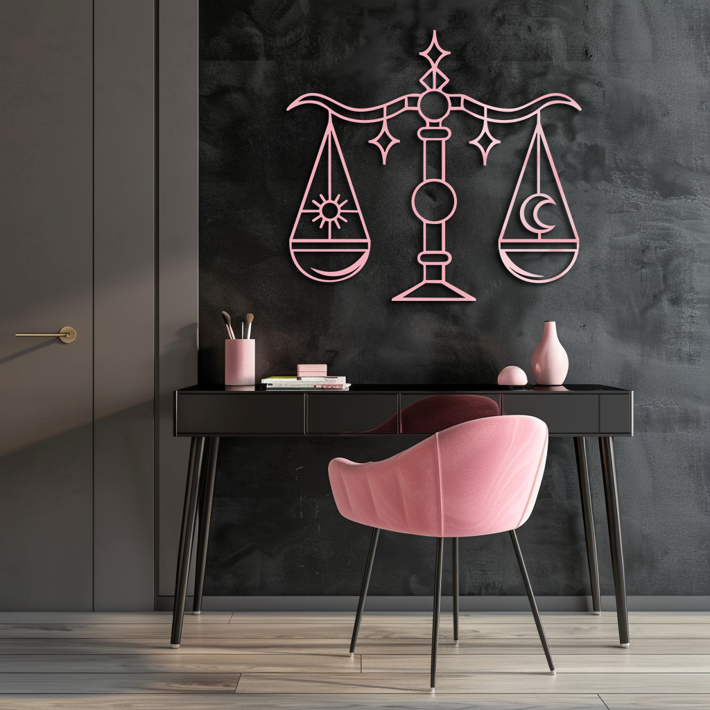 Libra Zodiac Sign Silhouette – Pink Metal Wall Art Balance Scale Design - KAFGP161