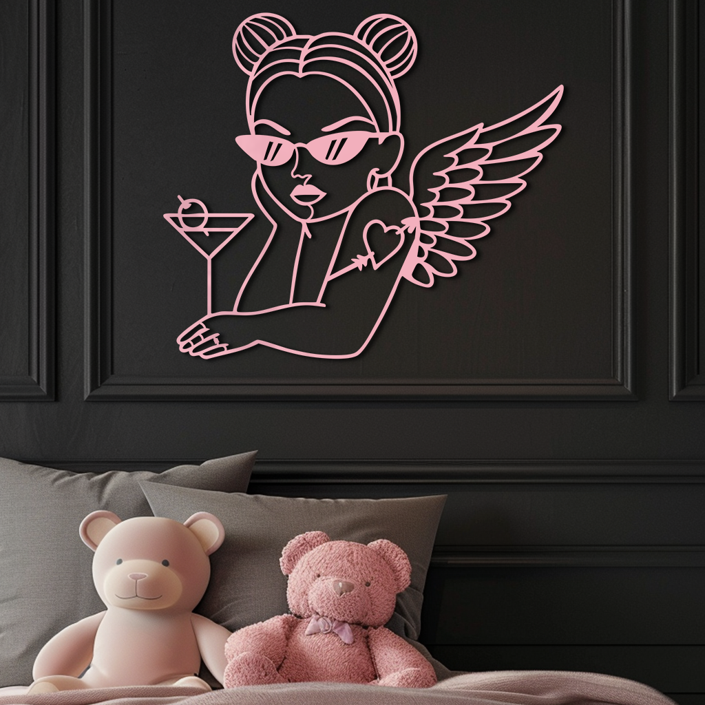 Angel Girl with Sunglasses and Cocktail – Pink Metal Wall Art - KAFGP176