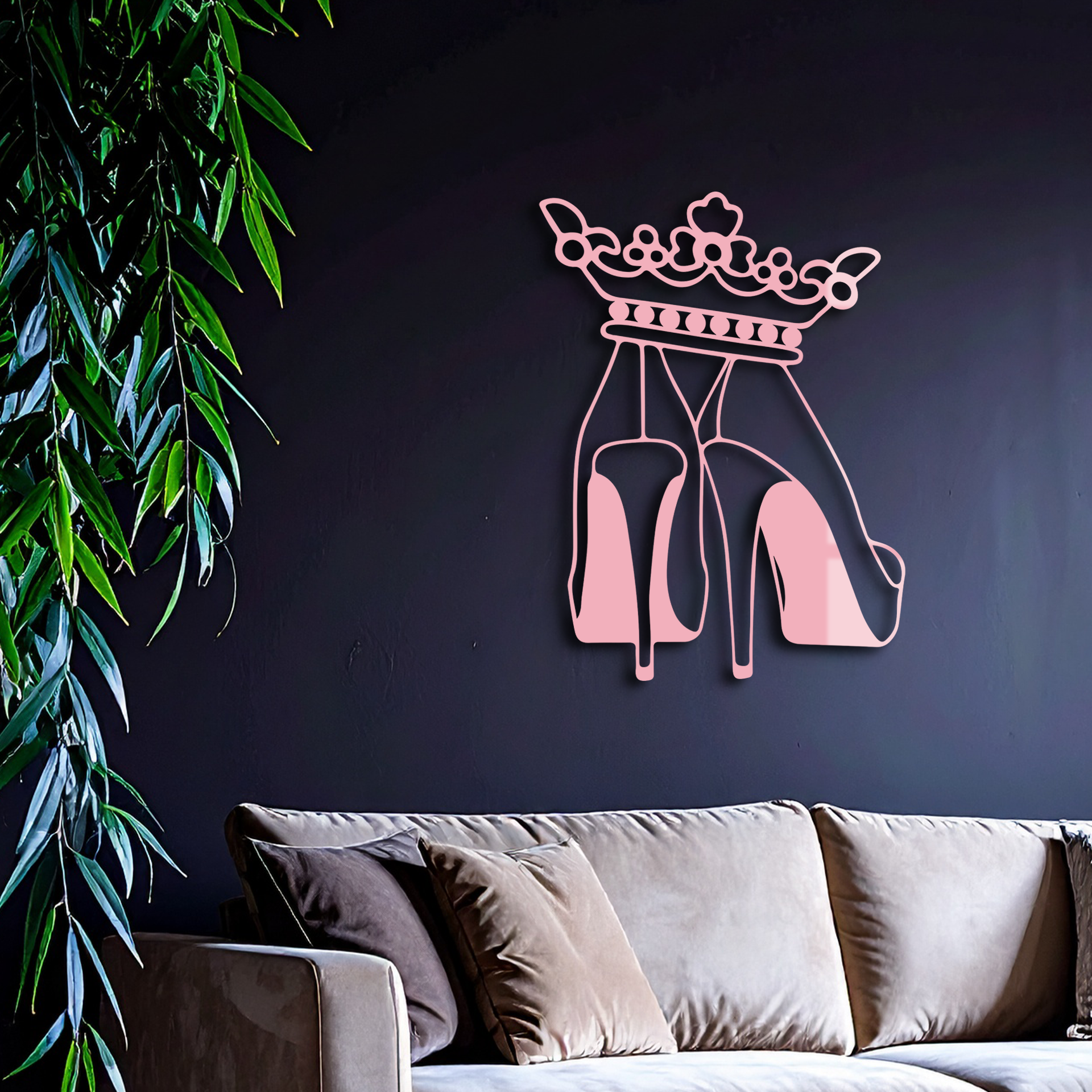 Crown High Heels Silhouette – Pink Metal Wall Art for Modern Glam Décor - KAFGP182