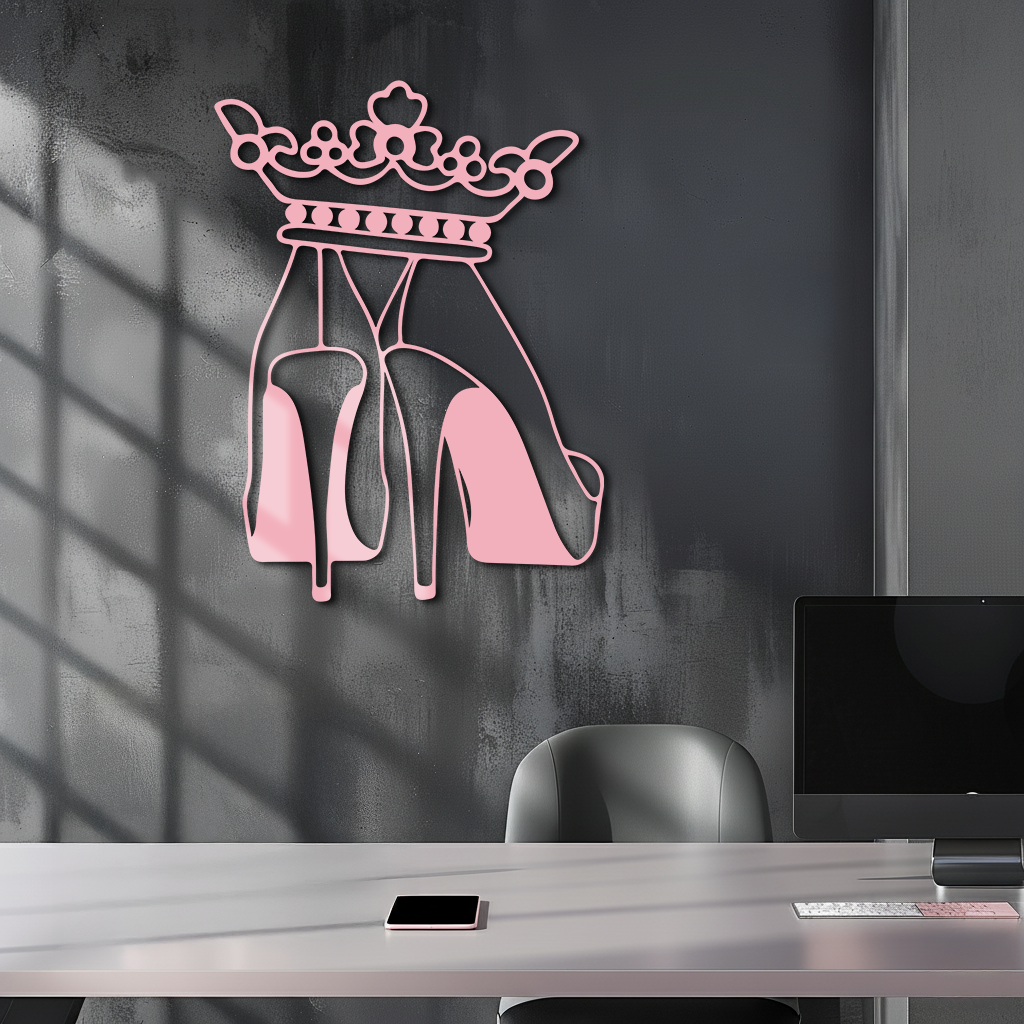 Crown High Heels Silhouette – Pink Metal Wall Art for Modern Glam Décor - KAFGP182