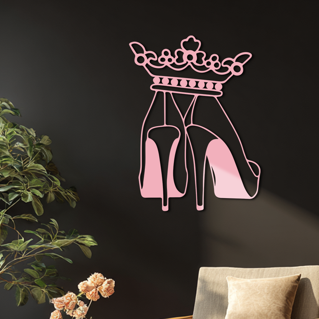 Crown High Heels Silhouette – Pink Metal Wall Art for Modern Glam Décor - KAFGP182