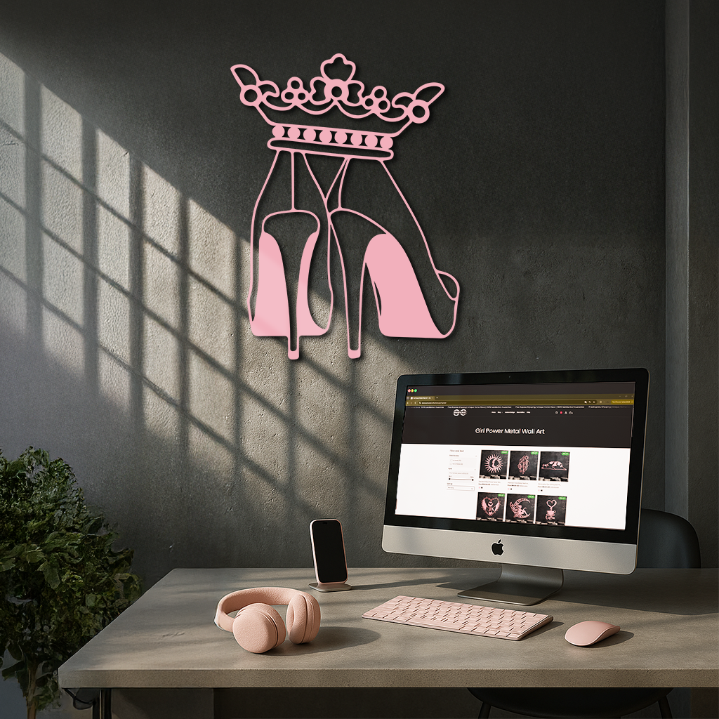 Crown High Heels Silhouette – Pink Metal Wall Art for Modern Glam Décor - KAFGP182