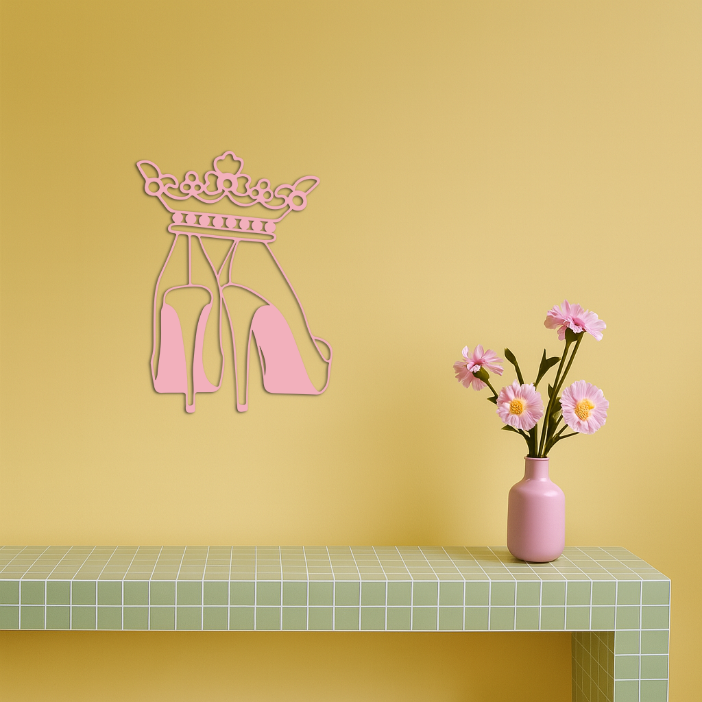 Crown High Heels Silhouette – Pink Metal Wall Art for Modern Glam Décor - KAFGP182