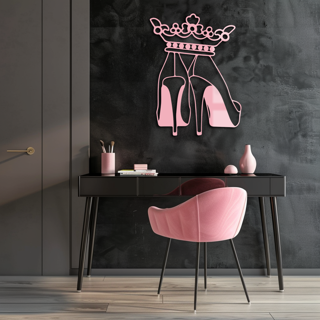 Crown High Heels Silhouette – Pink Metal Wall Art for Modern Glam Décor - KAFGP182
