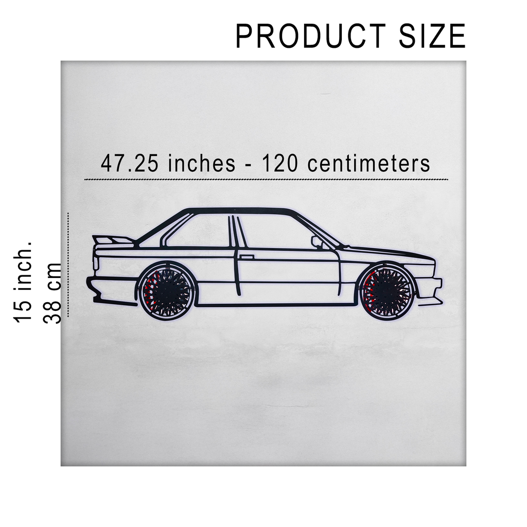 BMW E30 M3 Wall Art – Classic Steel Silhouette with Spinning Wheels -KAFMEKA013