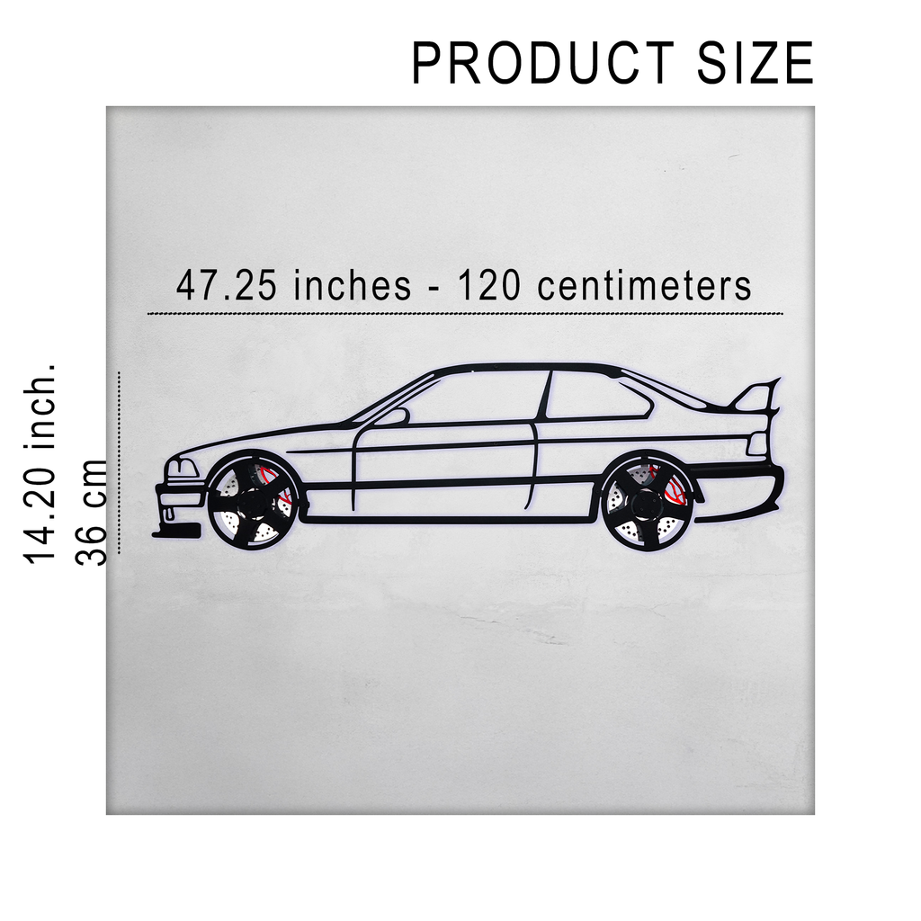 BMW E36 M3 Wall Art – Classic Steel Silhouette with Spinning Wheels-KAFMEKA015