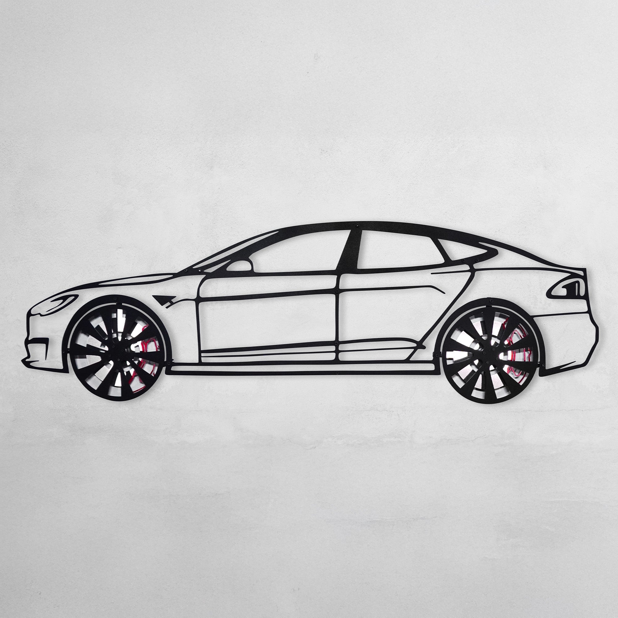 Tesla Model S Wall Art – Electric Car Steel Silhouette with Spinning Wheels-KAFMEKA045