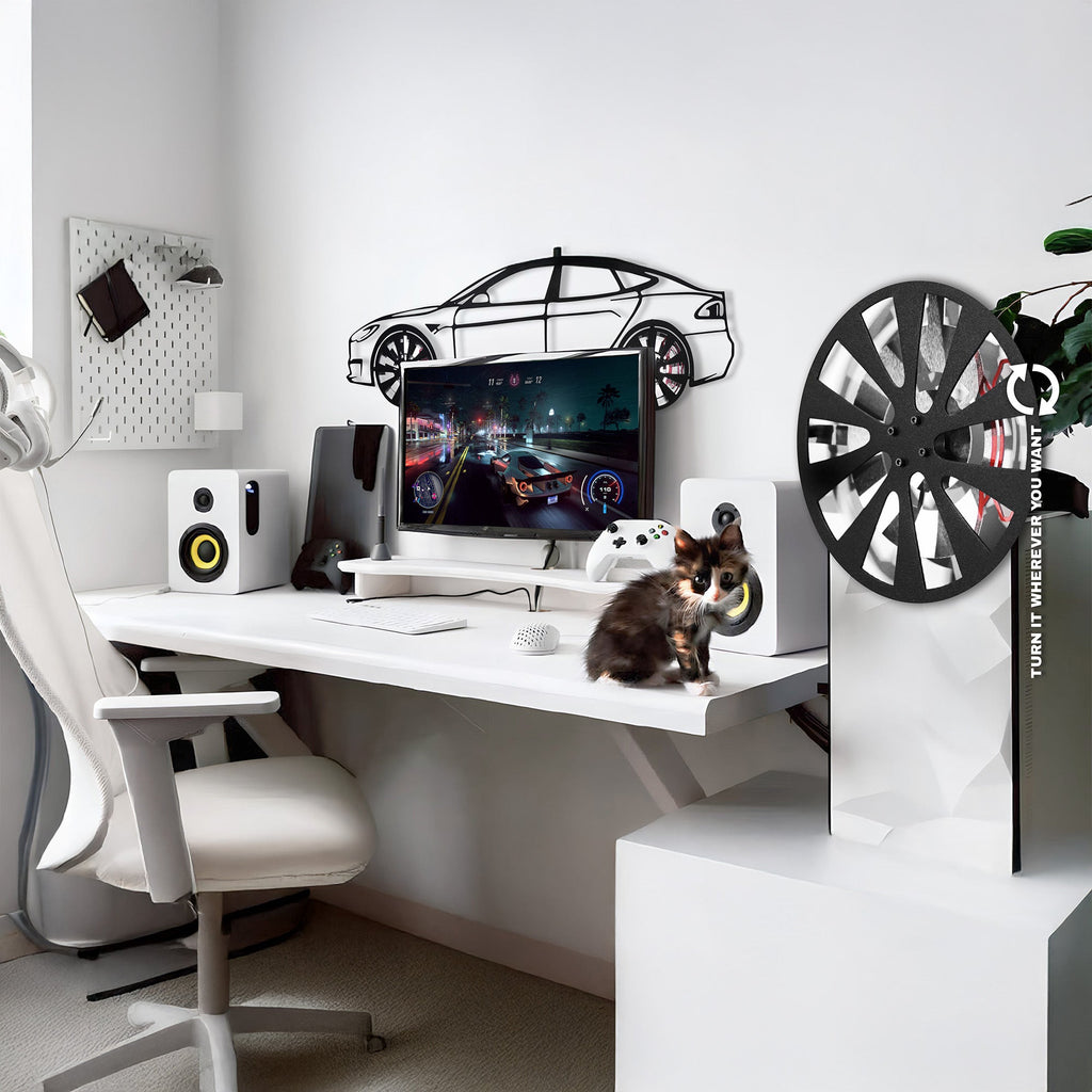 Tesla Model S Wall Art – Electric Car Steel Silhouette with Spinning Wheels-KAFMEKA045